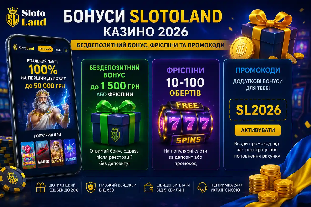 Таблиця промокодів Слотоленд казино на 2026 рік із умовами вейджера