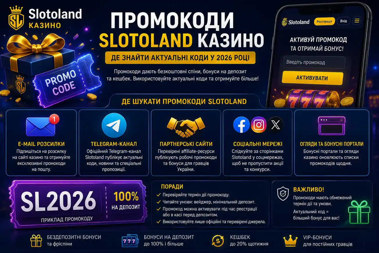 Слотоленд казино промокод та бездепозитний бонус 2026 &mdash; таблиця актуальних кодів